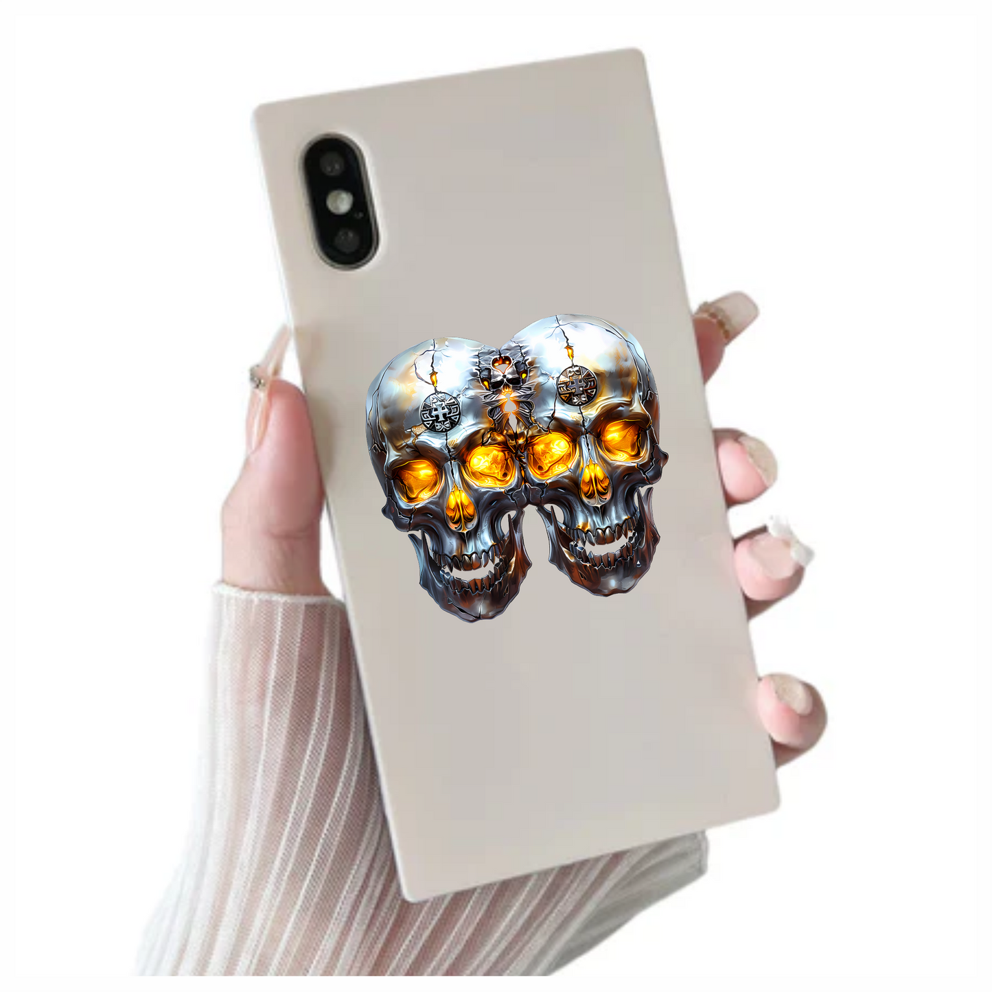 Silver Skull Orange Eyes Cat Vinyl Sticker Decal