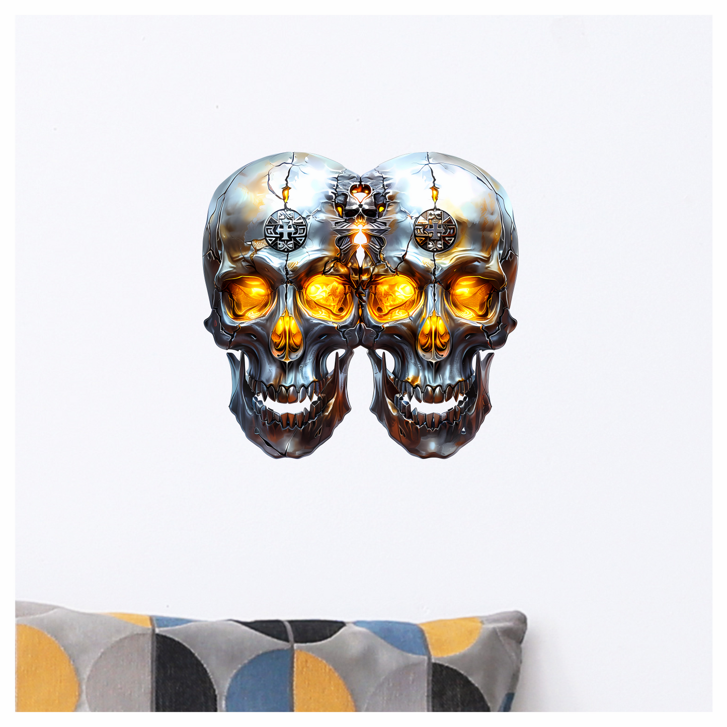 Silver Skull Orange Eyes Cat Vinyl Sticker Decal
