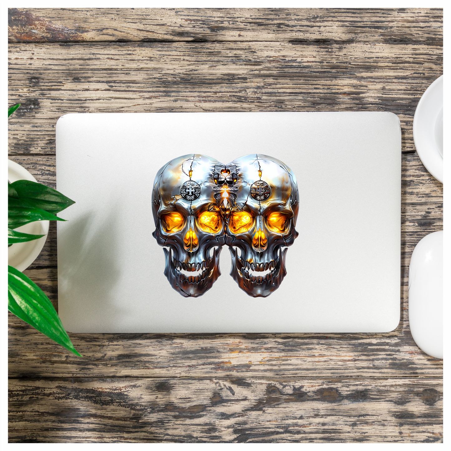 Silver Skull Orange Eyes Cat Vinyl Sticker Decal