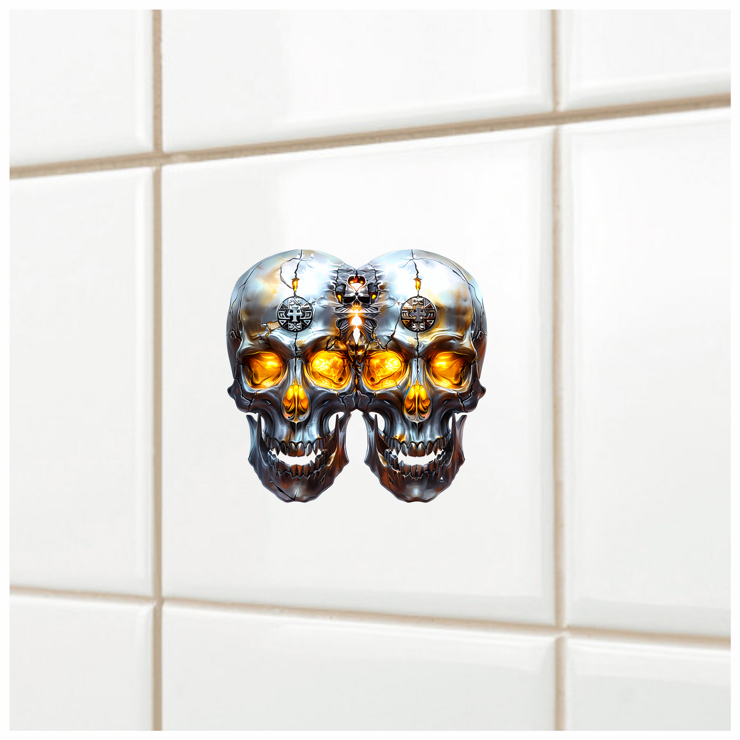 Silver Skull Orange Eyes Cat Vinyl Sticker Decal