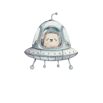 Illustration of a bear inside a UFO on a white background vinyl sticker.