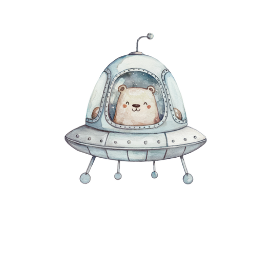 Illustration of a bear inside a UFO on a white background vinyl sticker.
