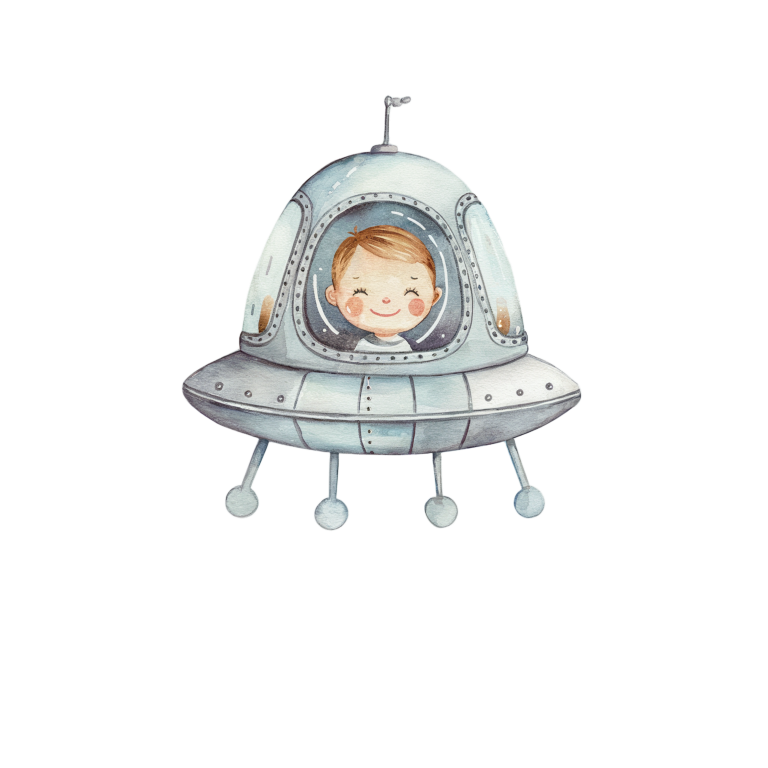 Illustration of a child inside a UFO on a white background vinyl sticker.