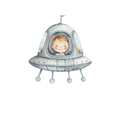 Illustration of a child inside a UFO on a white background vinyl sticker.