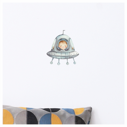 Smiling Child Inside Grey Spaceship Vinyl Decal Sticker