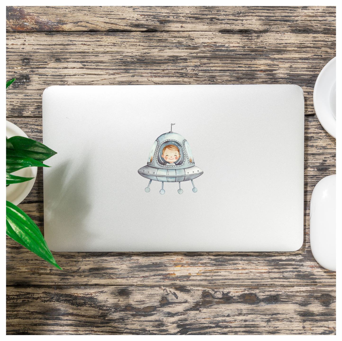 Smiling Child Inside Grey Spaceship Vinyl Decal Sticker