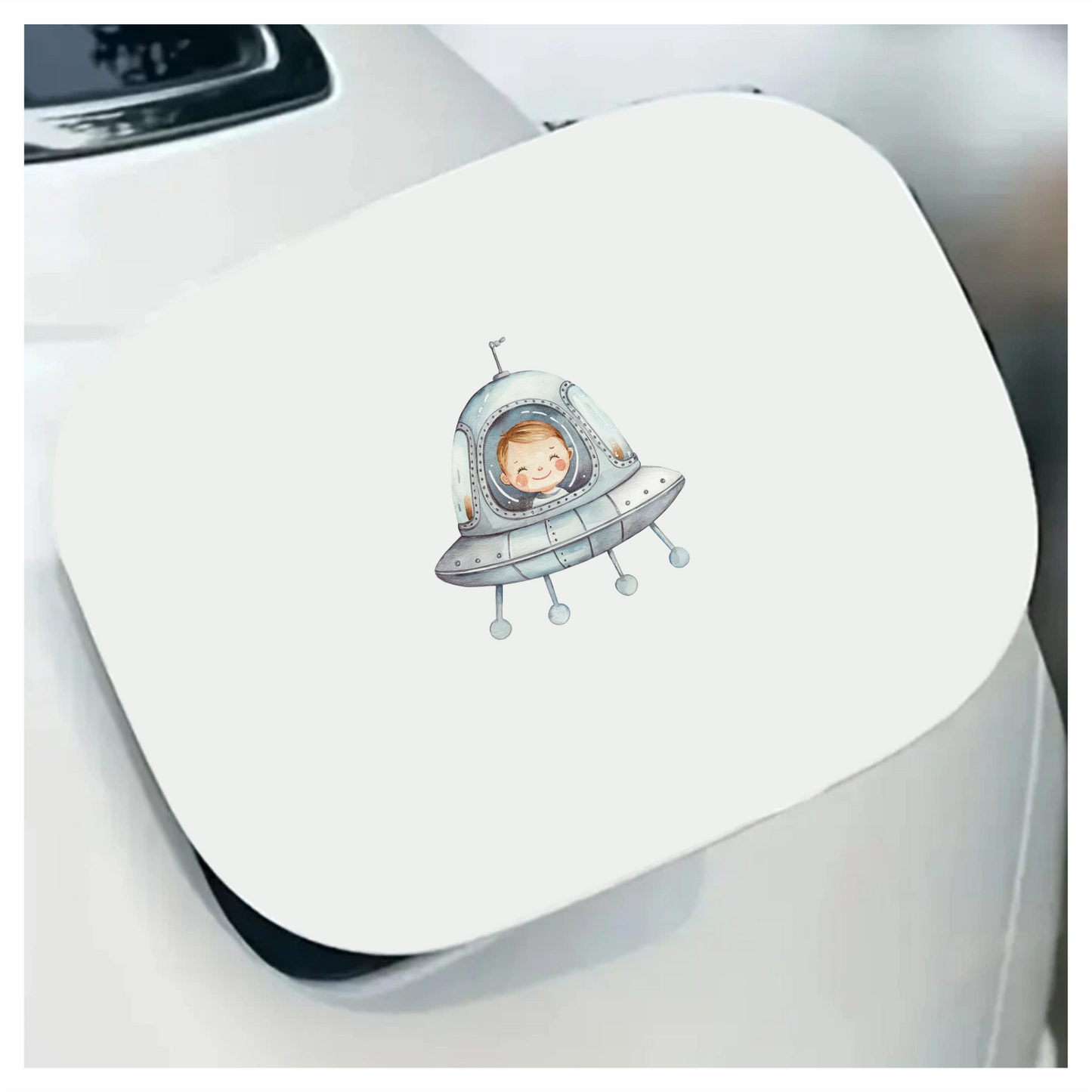Smiling Child Inside Grey Spaceship Vinyl Decal Sticker