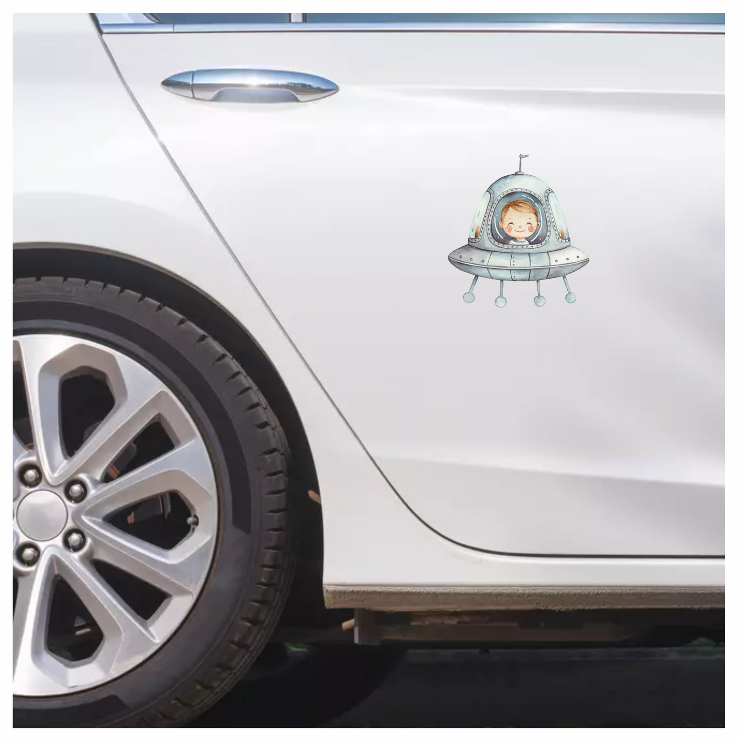 Smiling Child Inside Grey Spaceship Vinyl Decal Sticker