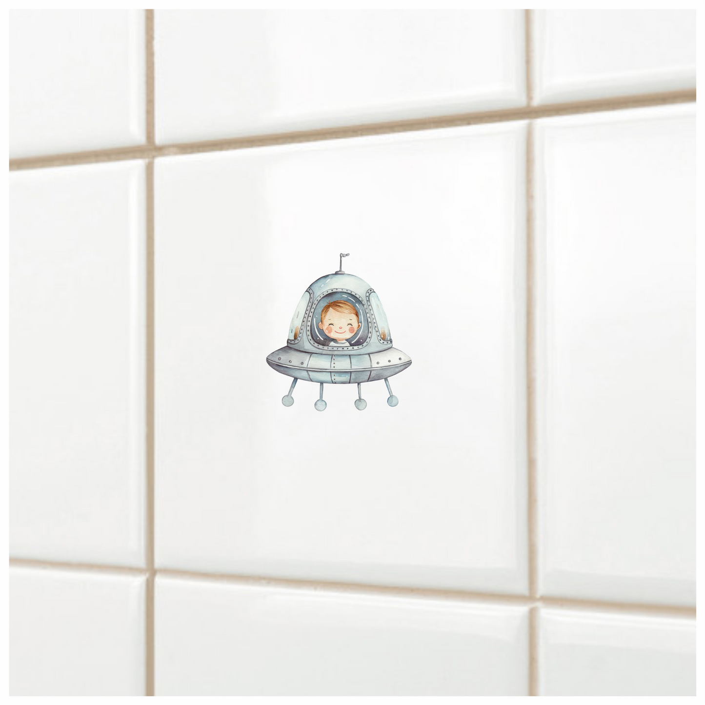Smiling Child Inside Grey Spaceship Vinyl Decal Sticker