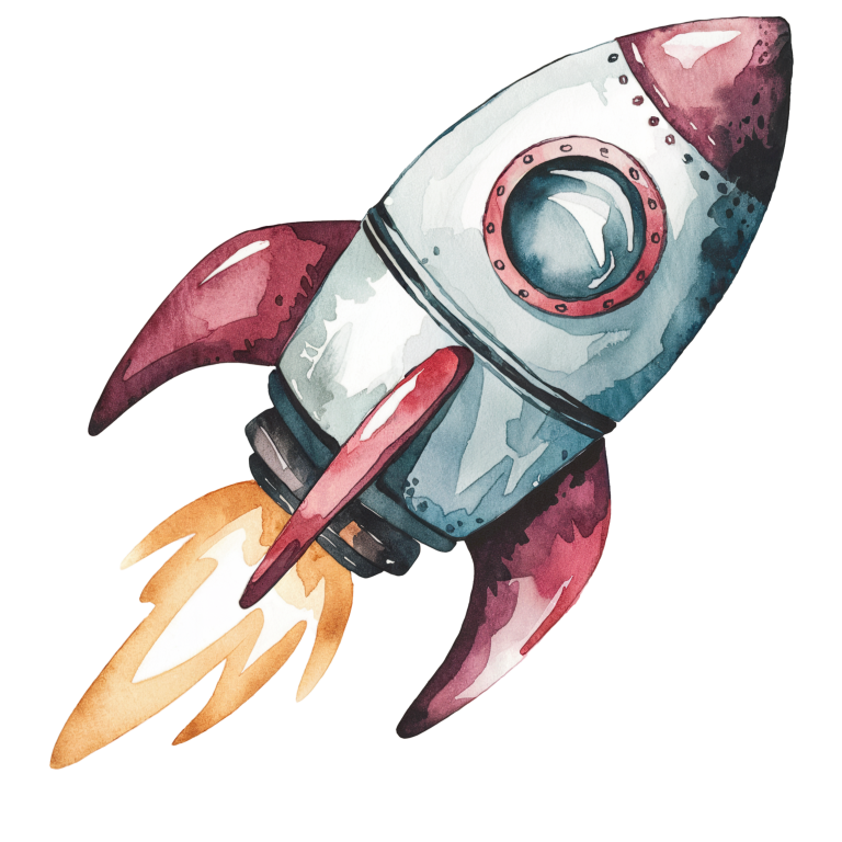 Colorful cartoon rocket ship with flames on a white background vinyl sticker.