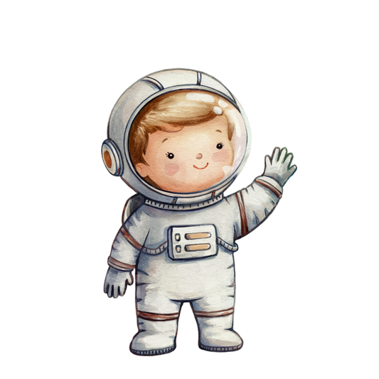 Illustration of a child in an astronaut suit waving on a white background vinyl sticker.