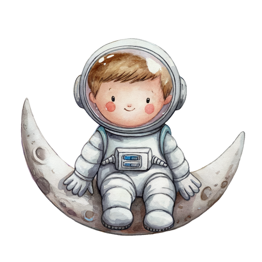 Illustration of a child in an astronaut suit sitting on a moon vinyl sticker.