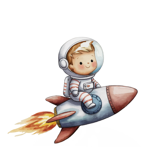 Illustration of a child in an astronaut suit sitting on a rocket ship with flames at the base. vinyl sticker