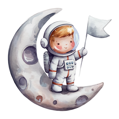 Illustration of a child in an astronaut suit standing on a moon with a flag. vinyl sticker