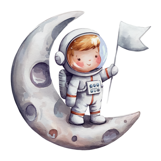 Illustration of a child in an astronaut suit standing on a moon with a flag. vinyl sticker