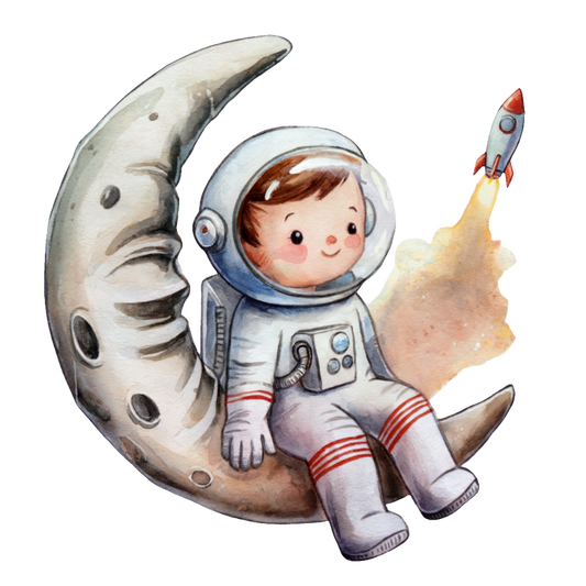 Illustration of a child in an astronaut suit sitting on a moon with a rocket发射 vinyl sticker