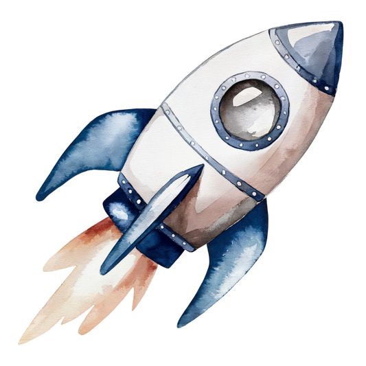 Watercolor illustration of a rocket ship on a white background vinyl sticker