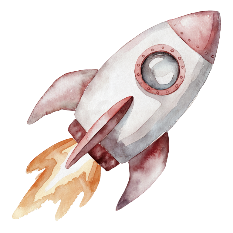 Watercolor illustration of a rocket ship with flames on a white background vinyl sticker