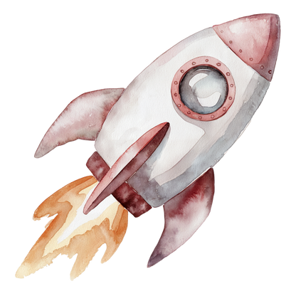 Watercolor illustration of a rocket ship with flames on a white background vinyl sticker