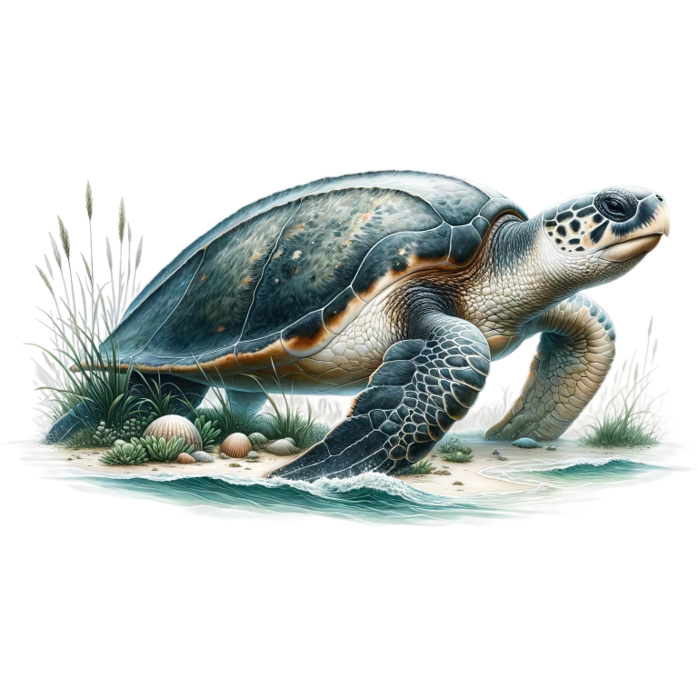 Illustration of a turtle walking on a beach with grass and water in the background vinyl sticker