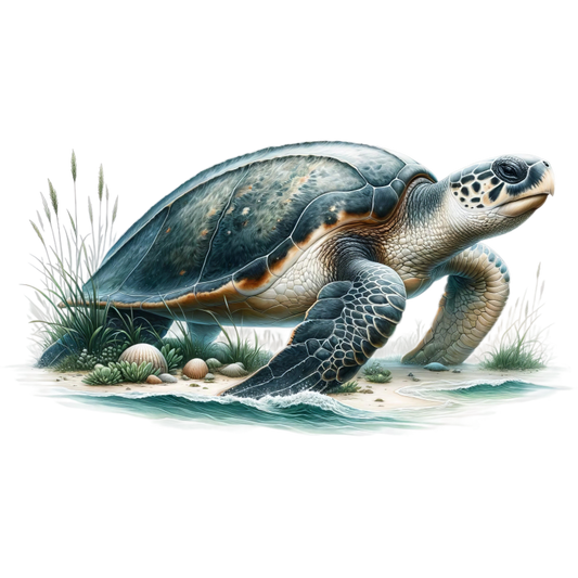 Illustration of a turtle walking on a beach with grass and water in the background vinyl sticker