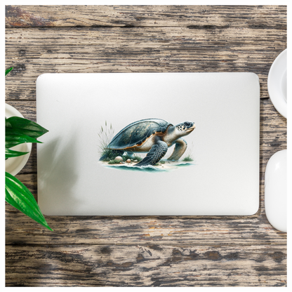 Sea Turtle Walking On Sandy Beach Blue Vinyl Decal Sticker