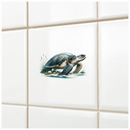 Sea Turtle Walking On Sandy Beach Blue Vinyl Decal Sticker