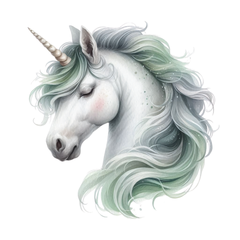 Illustration of a unicorn with a white and green mane on a white background vinyl sticker