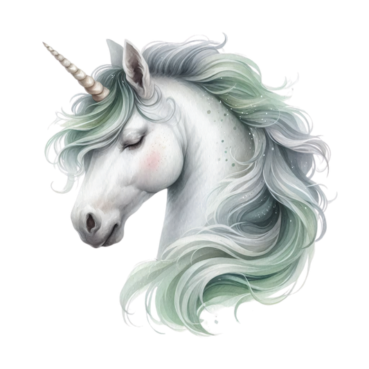 Illustration of a unicorn with a white and green mane on a white background vinyl sticker