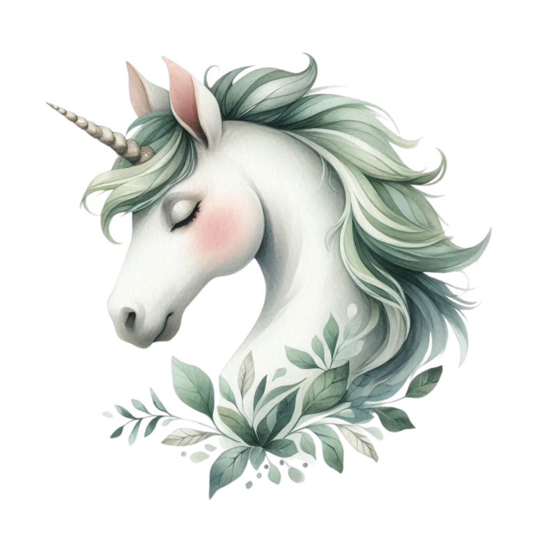 Illustration of a unicorn with green mane and leaves on a white background vinyl sticker
