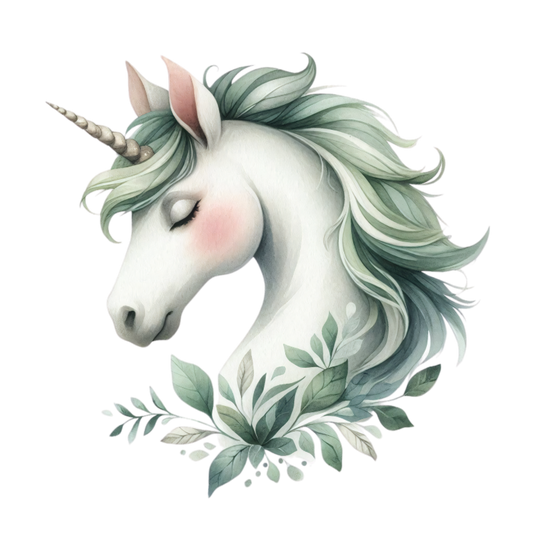 Illustration of a unicorn with green mane and leaves on a white background vinyl sticker