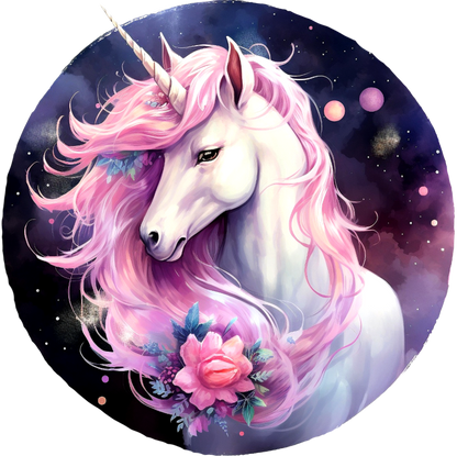 Unicorn with pink mane and flowers against a dark, starry background vinyl sticker