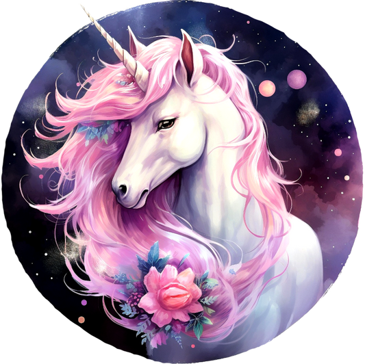 Unicorn with pink mane and flowers against a dark, starry background vinyl sticker