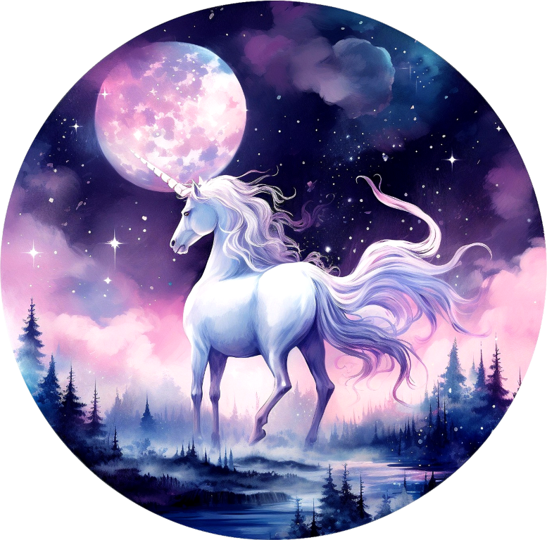 Unicorn in a fantasy landscape with a pink moon and stars vinyl sticker
