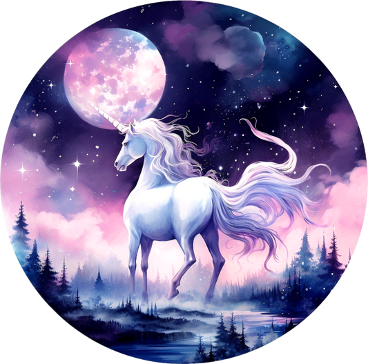 Unicorn in a fantasy landscape with a pink moon and stars vinyl sticker