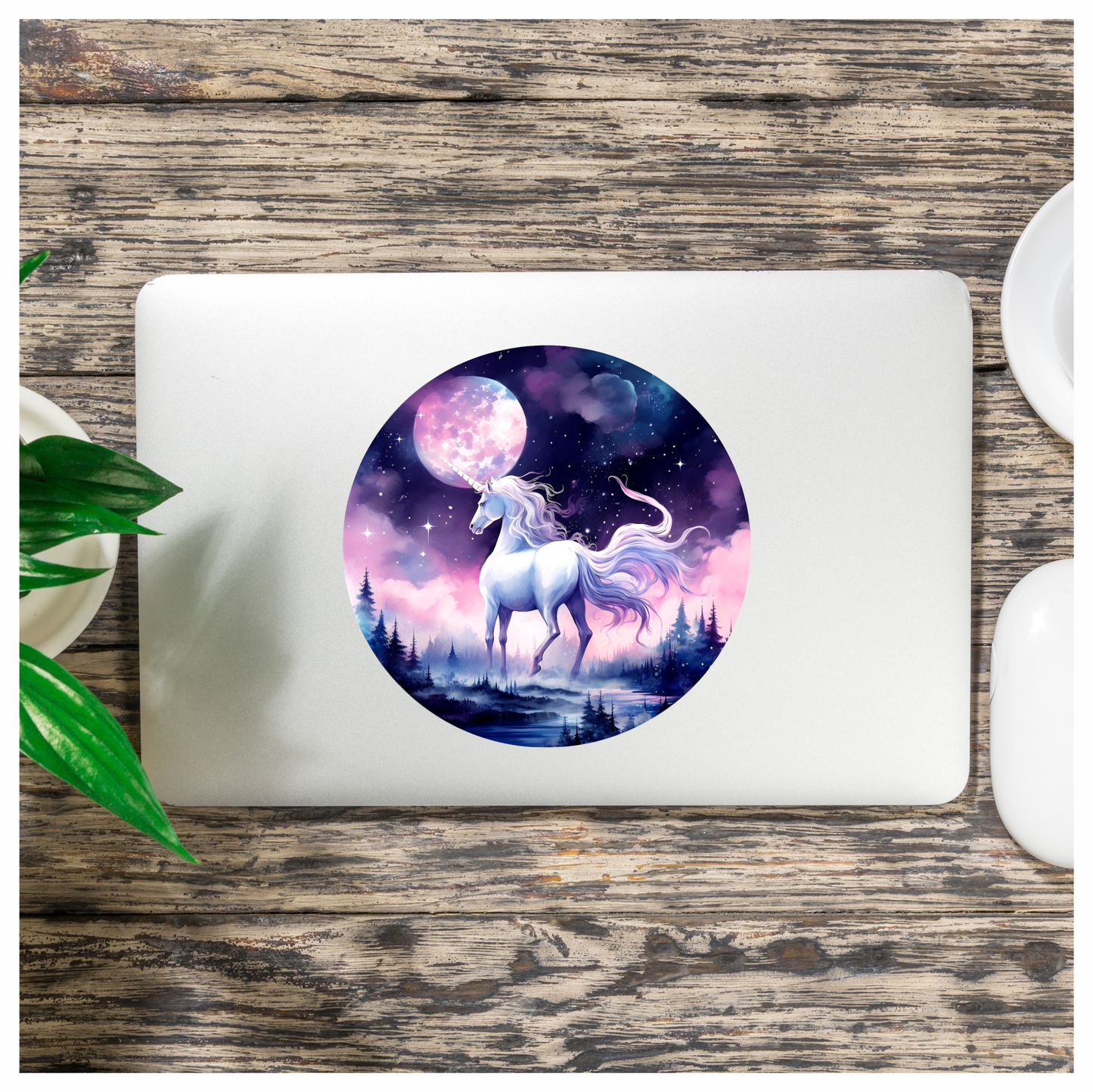 White Unicorn Under Moonlit Sky Vinyl Decal Sticker