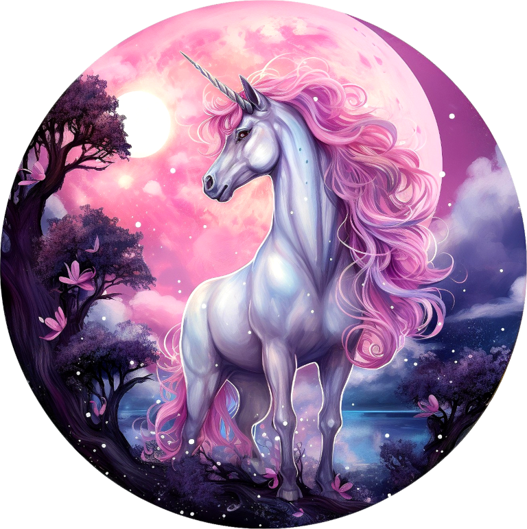 Unicorn with pink mane and tail in a fantasy landscape with trees and moon. vinyl sticker