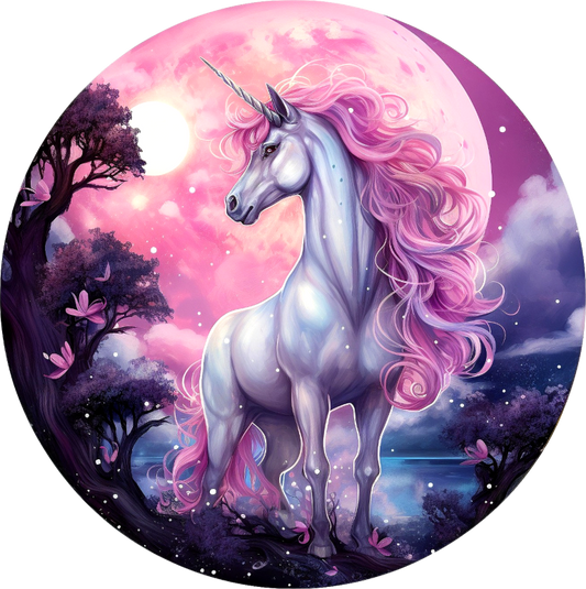 Unicorn with pink mane and tail in a fantasy landscape with trees and moon. vinyl sticker