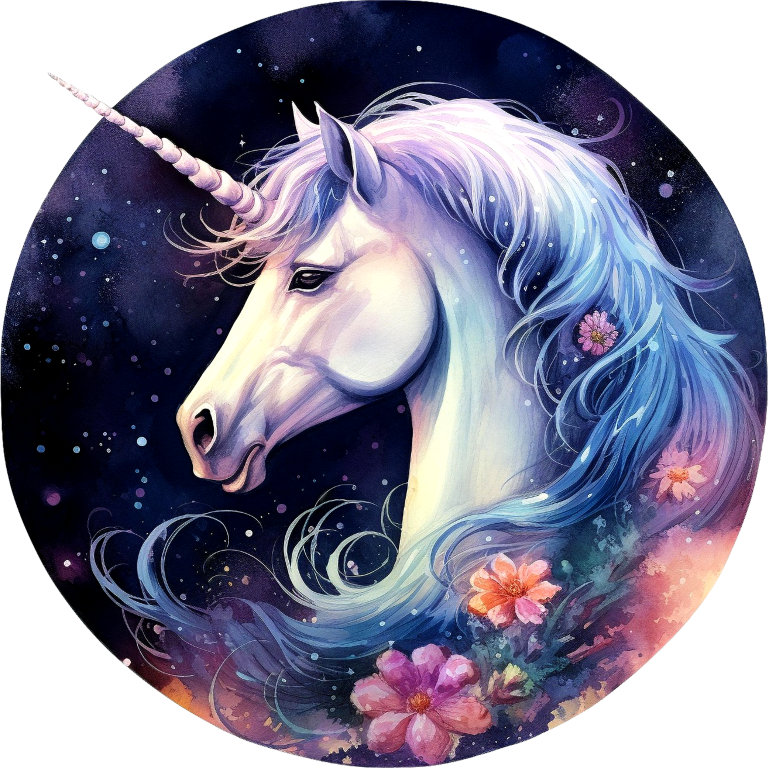Unicorn with a colorful mane and flowers against a starry night sky vinyl sticker
