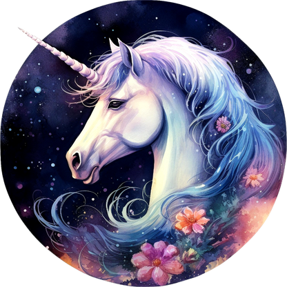 Unicorn with a colorful mane and flowers against a starry night sky vinyl sticker