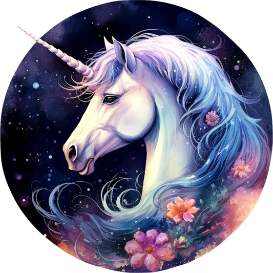 Unicorn with a colorful mane and flowers against a starry night sky vinyl sticker