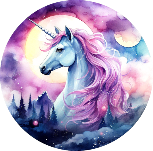 Unicorn with pink mane in a fantasy landscape with trees and moon vinyl sticker
