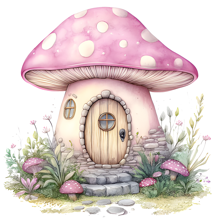 Illustration of a pink mushroom house with a door in a garden setting vinyl sticker