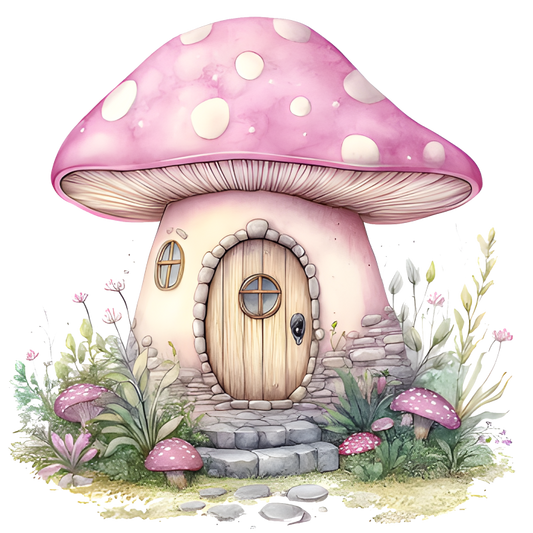 Illustration of a pink mushroom house with a door in a garden setting vinyl sticker