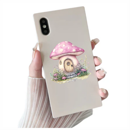 Mushroom Cottage Pink Roof Stone Path Vinyl Decal Sticker