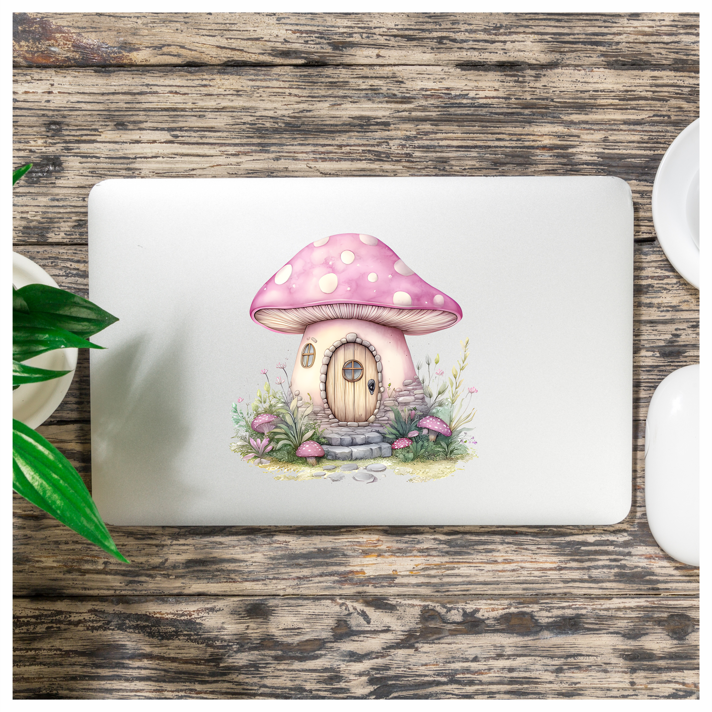 Mushroom Cottage Pink Roof Stone Path Vinyl Decal Sticker