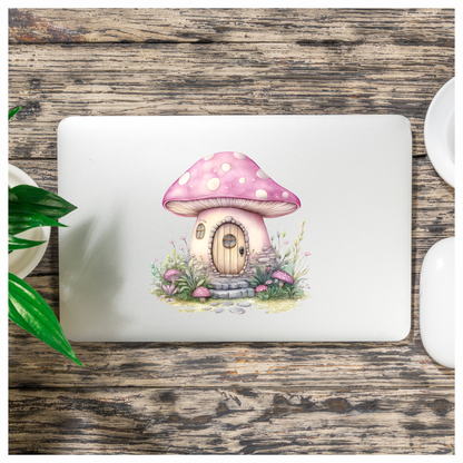 Mushroom Cottage Pink Roof Stone Path Vinyl Decal Sticker