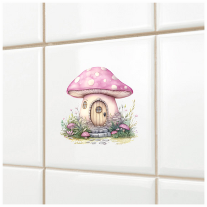 Mushroom Cottage Pink Roof Stone Path Vinyl Decal Sticker