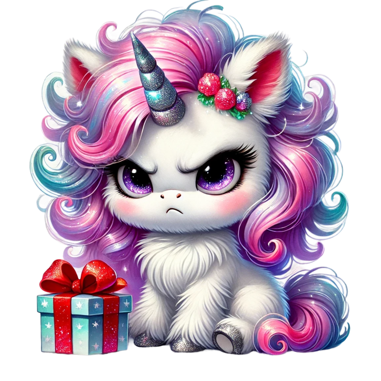 Cute cartoon unicorn with colorful hair and a gift box on a white background vinyl sticker