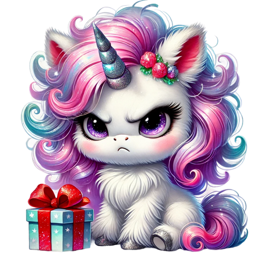 Cute cartoon unicorn with colorful hair and a gift box on a white background vinyl sticker